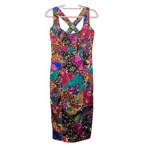 Vintage 90s‎ Floral Midi Dress Cross Back Party Dress Rayon Sleeveless Summer